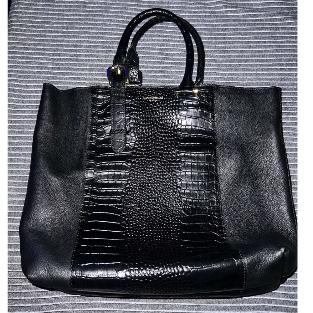 Paul Costelloe Black Leather Croc Embossed Tote Bag Handbag Gold Hardware
